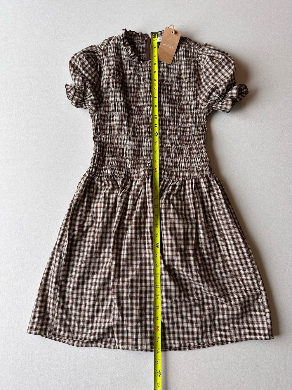 Rihoas Coffee Gingham Puffed Sleeve Mini Dress - Picture 5 of 6